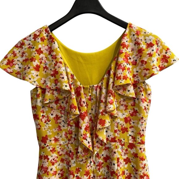 London Times Dress Womens 8 Yellow Floral Chiffon A Line Ruffle Sleeve Cottage - Picture 3 of 10